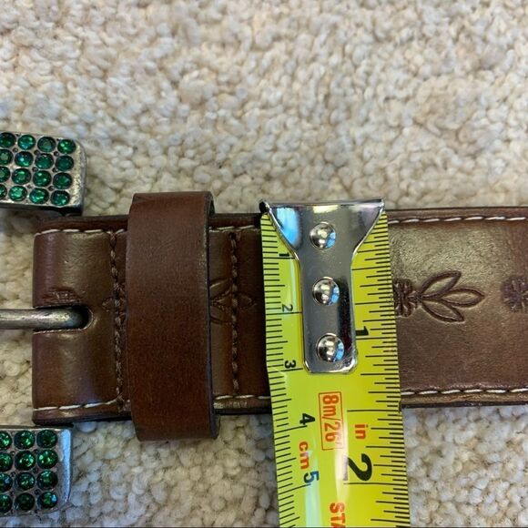 BUFFALO David Bitton green yellow Rhinestone Gem Embellished brown leather belt